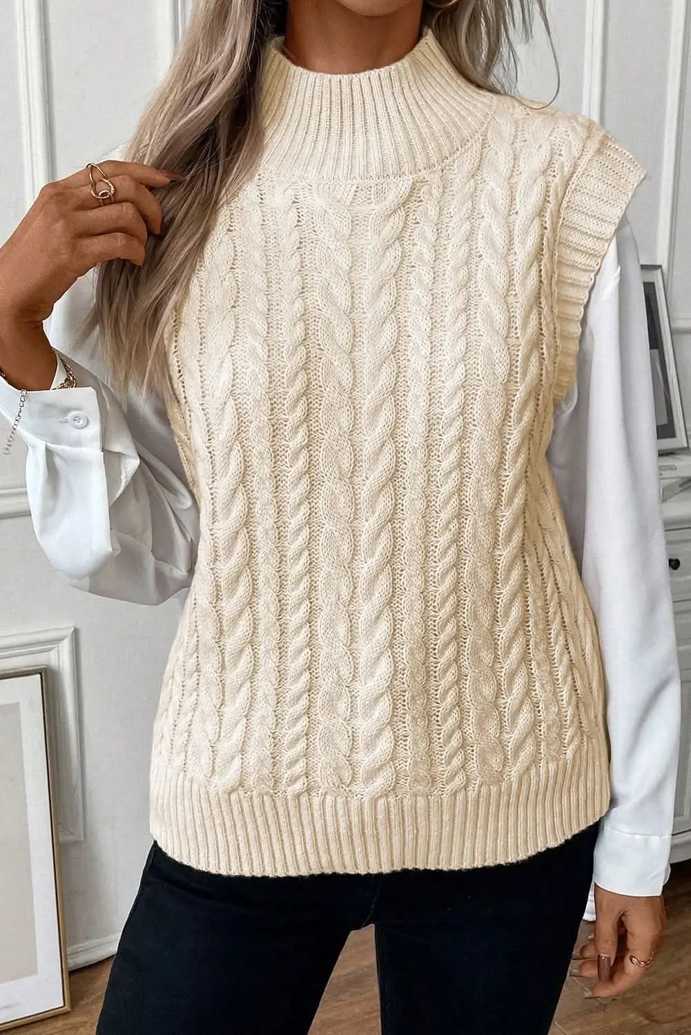 Oatmeal Cable Knit High Neck Sweater Vest - Love Salve